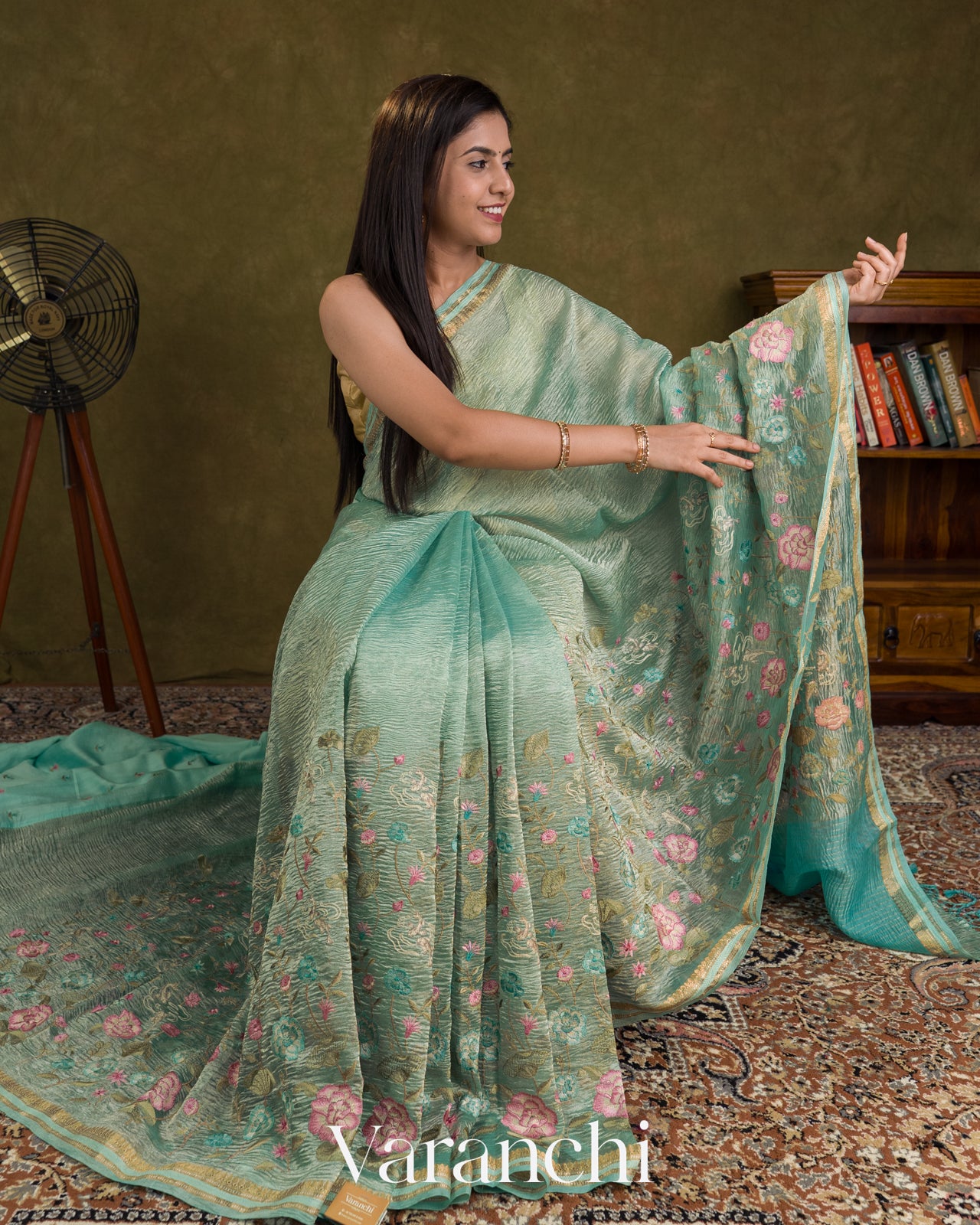 Turquoise Blue Floral Embroidered Pure Crush Tissue Kora Silk Saree