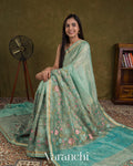 Turquoise Blue Floral Embroidered Pure Crush Tissue Kora Silk Saree