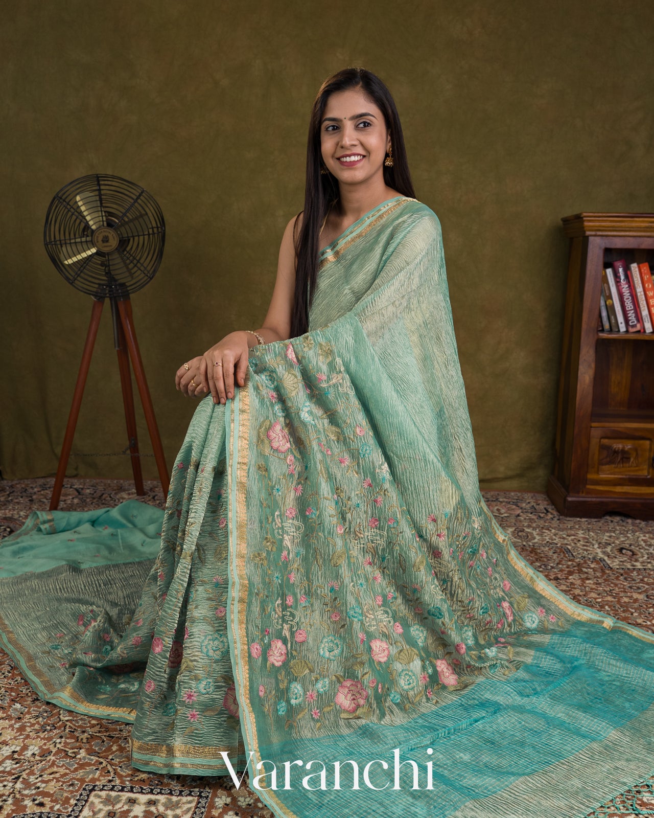Turquoise Blue Floral Embroidered Pure Crush Tissue Kora Silk Saree