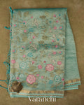 Turquoise Blue Floral Embroidered Pure Crush Tissue Kora Silk Saree