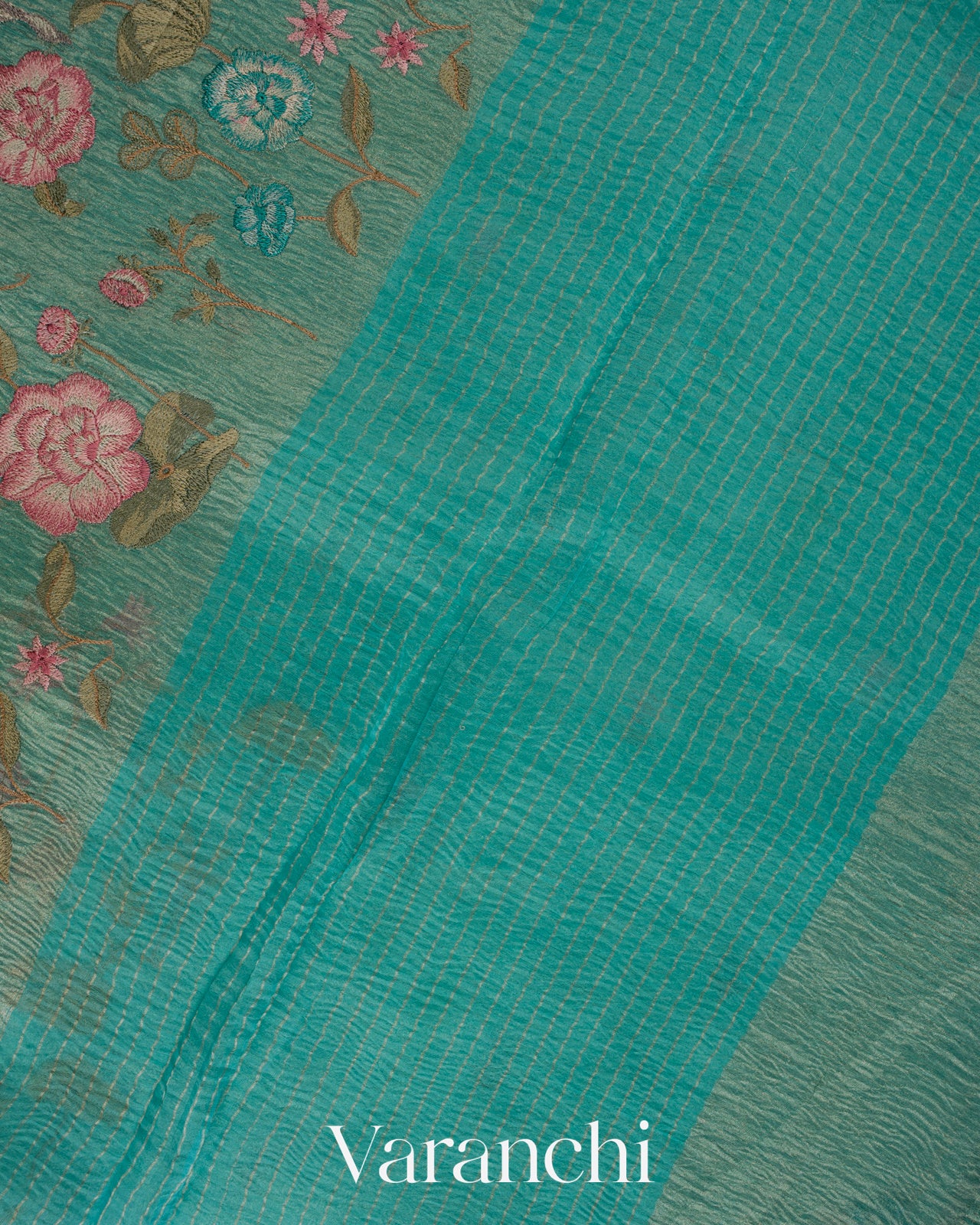 Turquoise Blue Floral Embroidered Pure Crush Tissue Kora Silk Saree