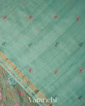 Turquoise Blue Floral Embroidered Pure Crush Tissue Kora Silk Saree