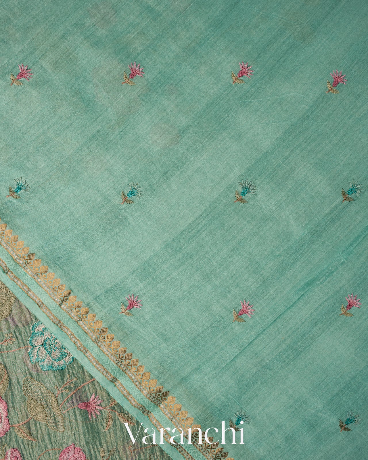 Turquoise Blue Floral Embroidered Pure Crush Tissue Kora Silk Saree