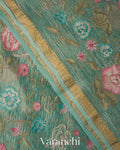 Turquoise Blue Floral Embroidered Pure Crush Tissue Kora Silk Saree