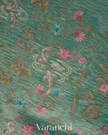 Turquoise Blue Floral Embroidered Pure Crush Tissue Kora Silk Saree