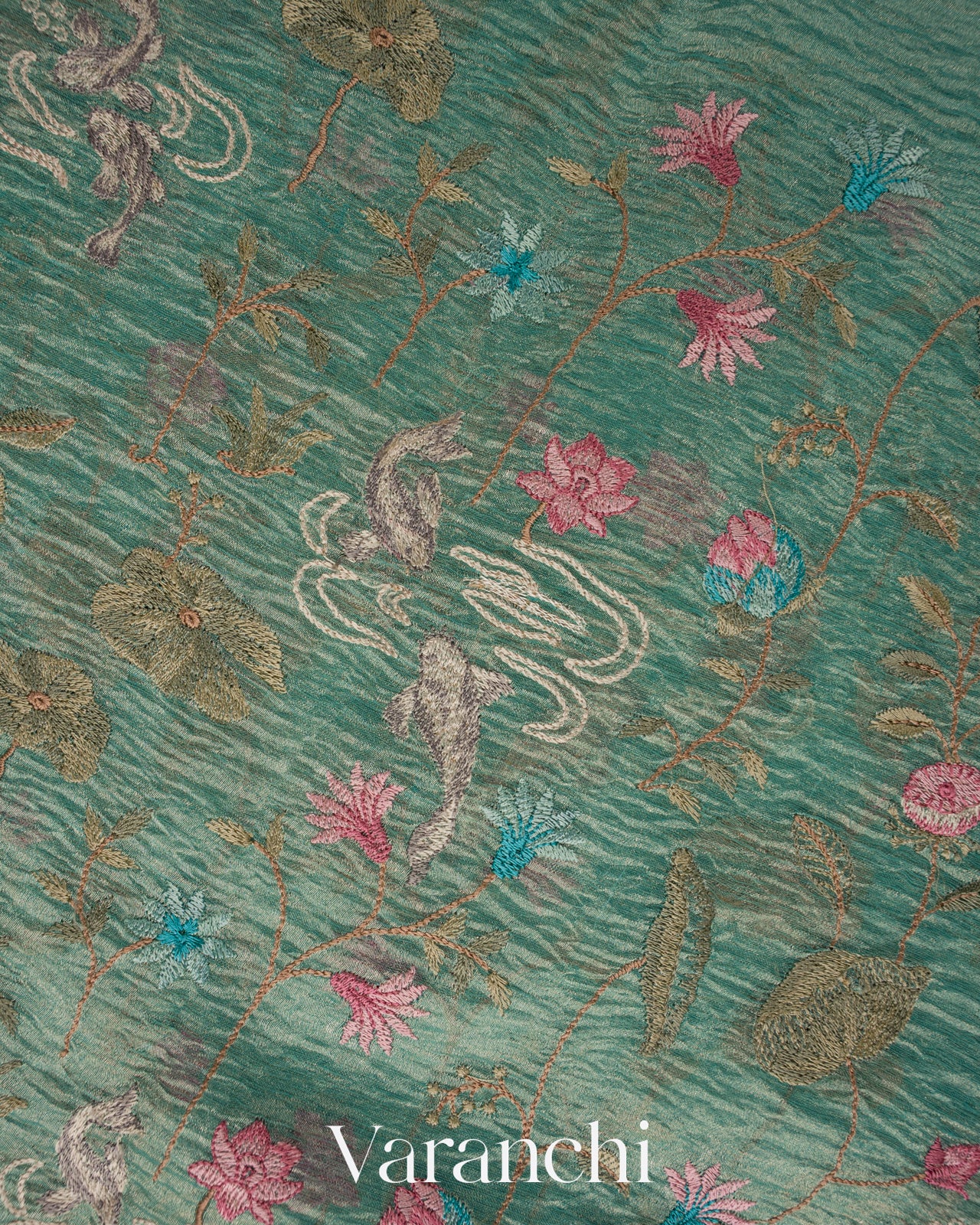 Turquoise Blue Floral Embroidered Pure Crush Tissue Kora Silk Saree