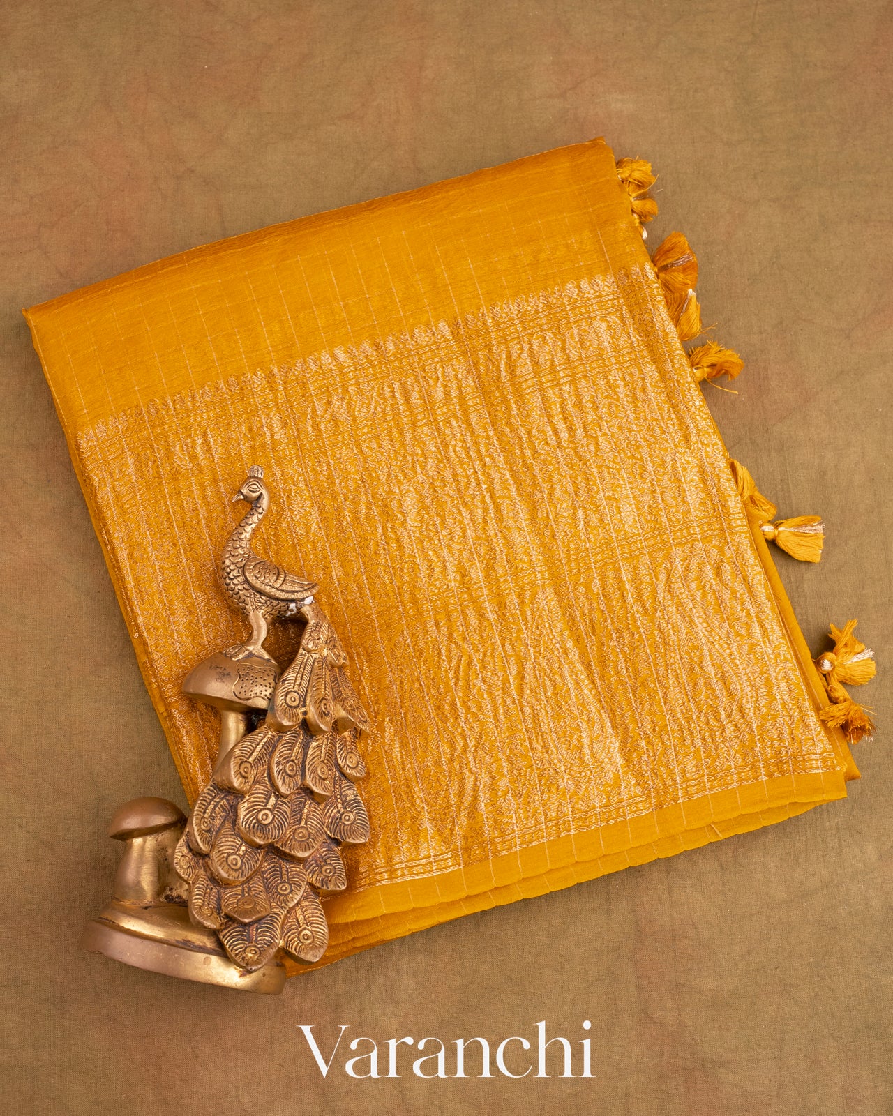 Deep Mustard Yellow Pure Crush Kora Silk Saree
