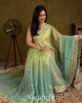 Sea Blue and Olive Gold Ombre-Dyed Pure Crush Tissue Kora Silk Saree 