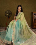 Sea Blue and Olive Gold Ombre-Dyed Pure Crush Tissue Kora Silk Saree 