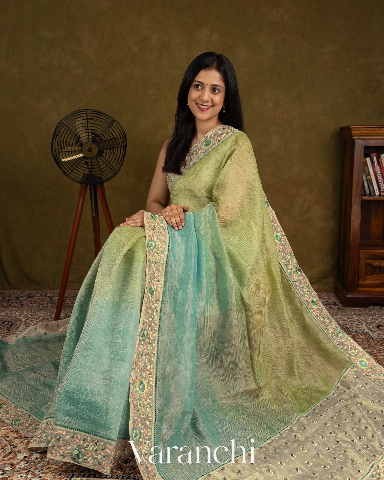 Sea Blue and Olive Gold Ombre-Dyed Pure Crush Tissue Kora Silk Saree 