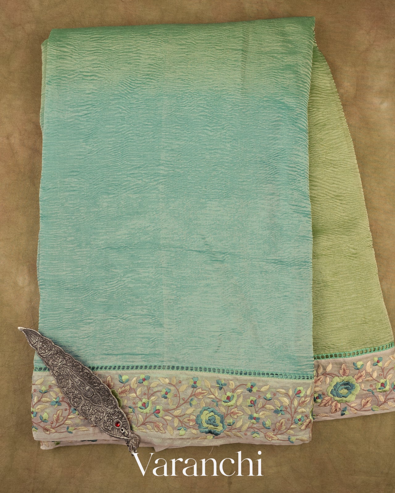 Sea Blue and Olive Gold Ombre-Dyed Pure Crush Tissue Kora Silk Saree 
