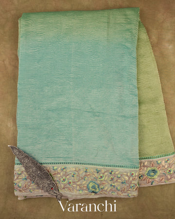 Sea Blue and Olive Gold Ombre-Dyed Pure Crush Tissue Kora Silk Saree 