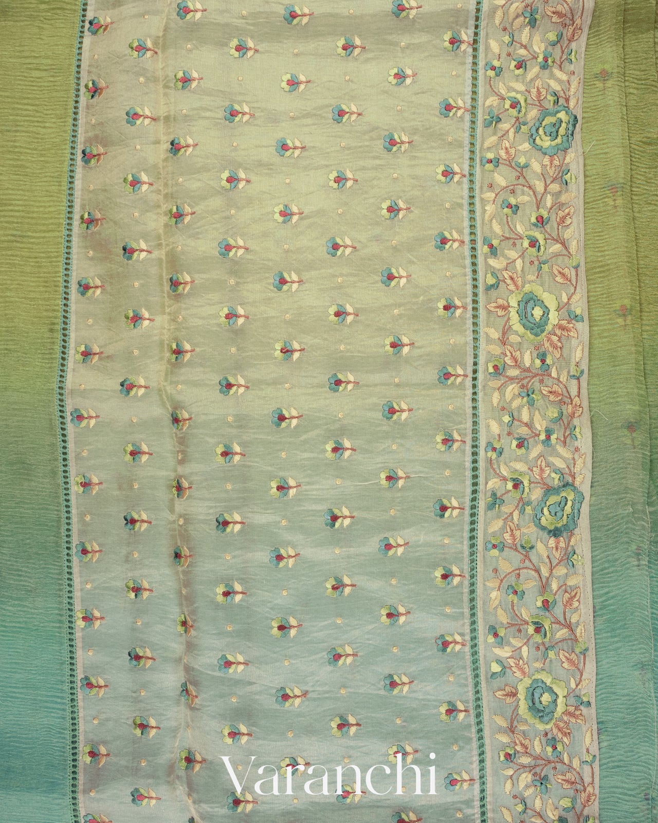 Sea Blue and Olive Gold Ombre-Dyed Pure Crush Tissue Kora Silk Saree 