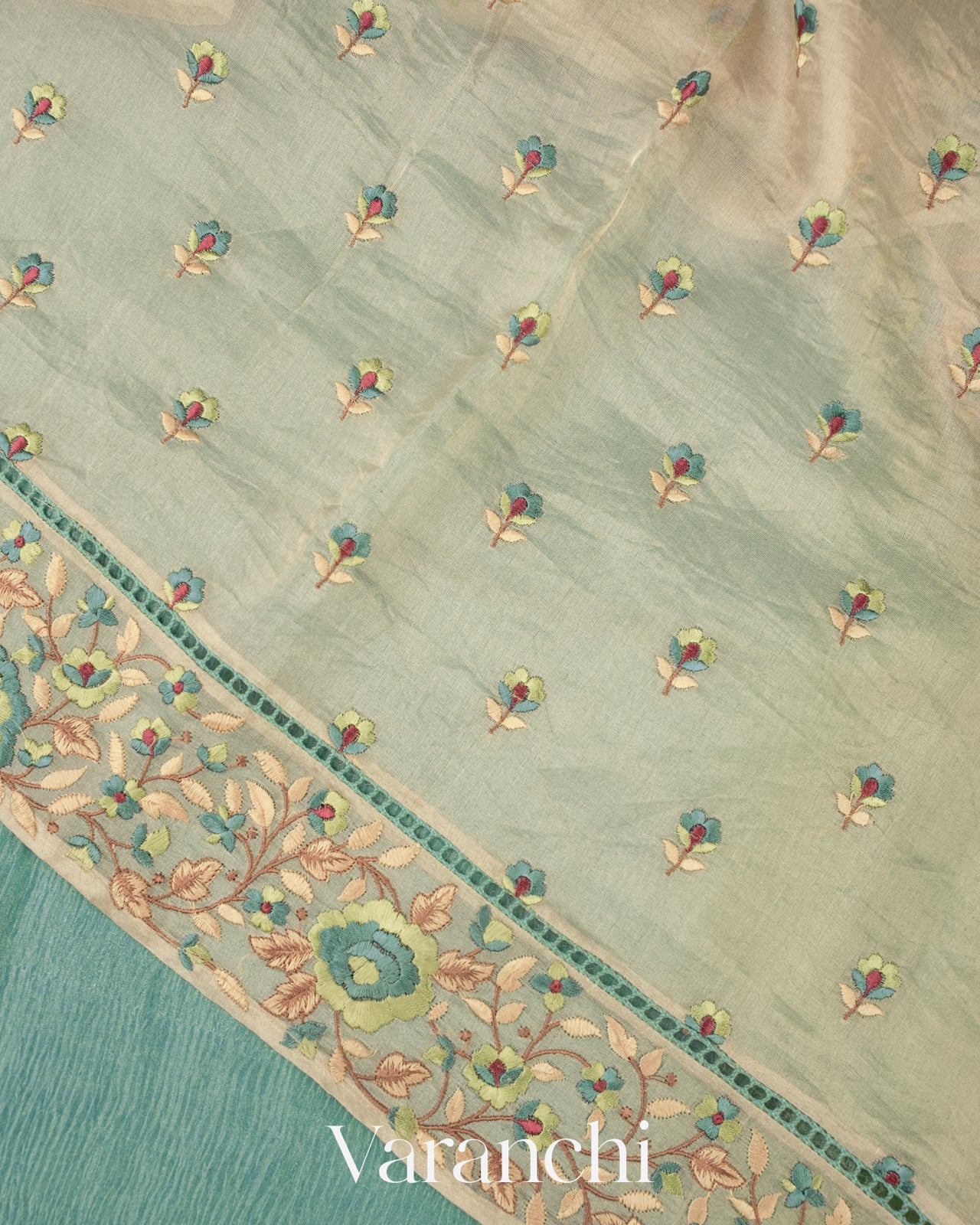 Sea Blue and Olive Gold Ombre-Dyed Pure Crush Tissue Kora Silk Saree 