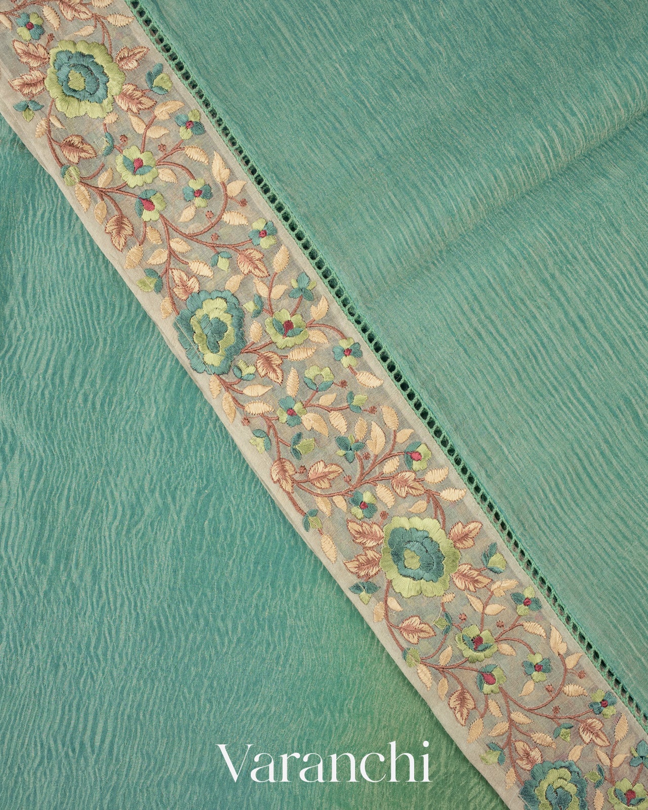 Sea Blue and Olive Gold Ombre-Dyed Pure Crush Tissue Kora Silk Saree 