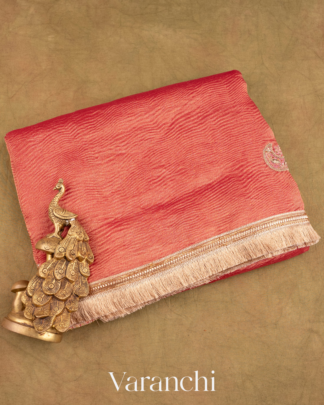 Burnt Red Embroidered Crush Tissue Kora Silk Saree