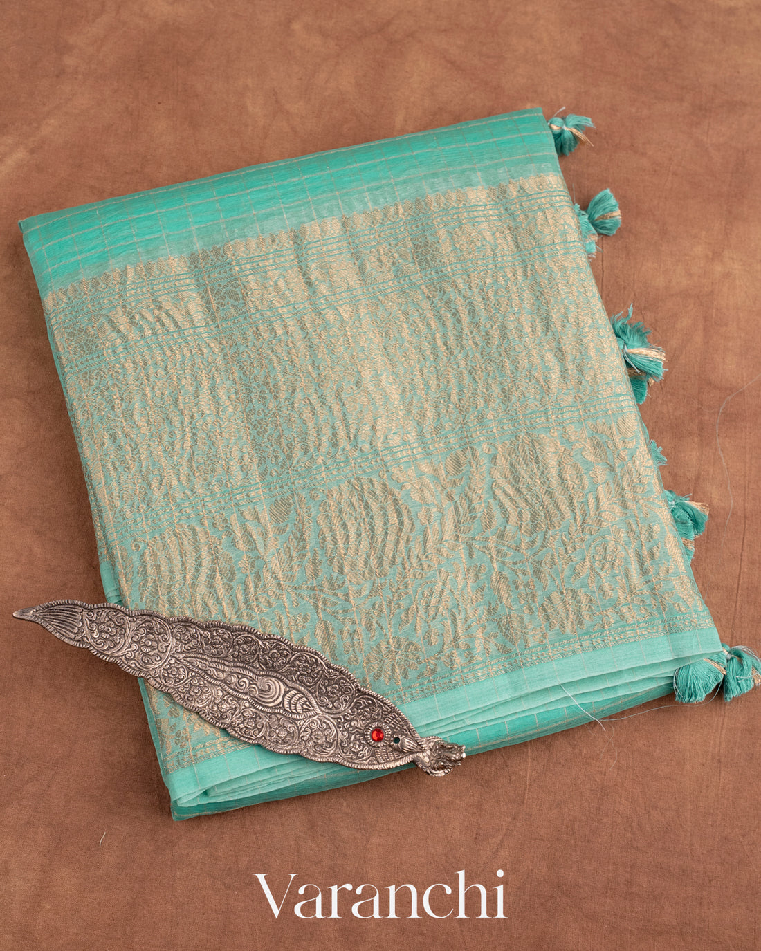 Aqua Green Pure Crush Kora Silk Saree