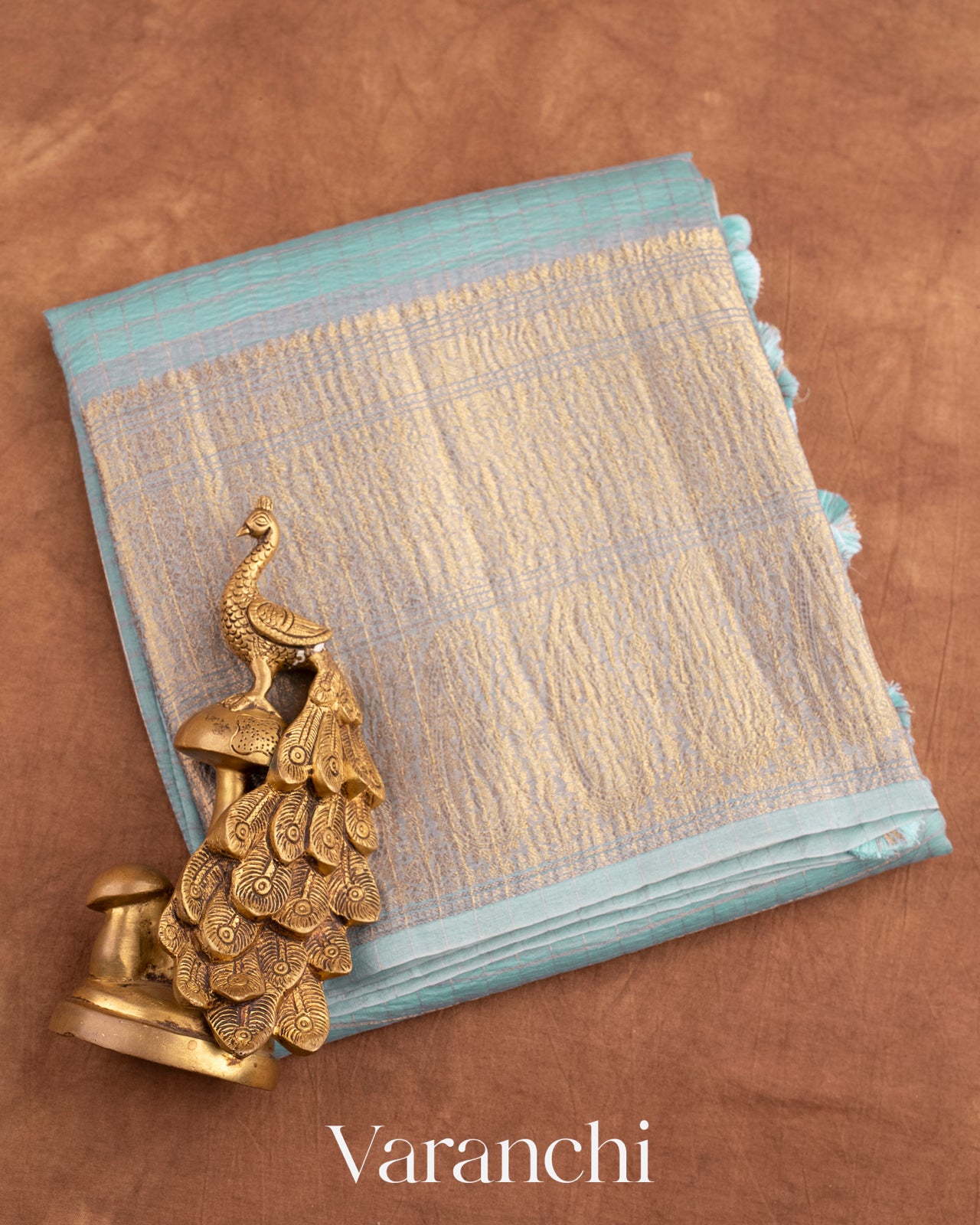 Powder Blue Pure Crush Kora Silk Saree