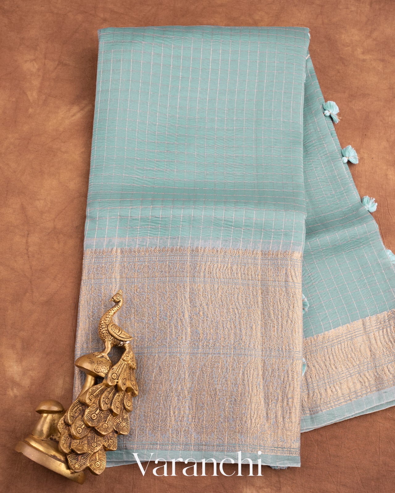 Powder Blue Pure Crush Kora Silk Saree