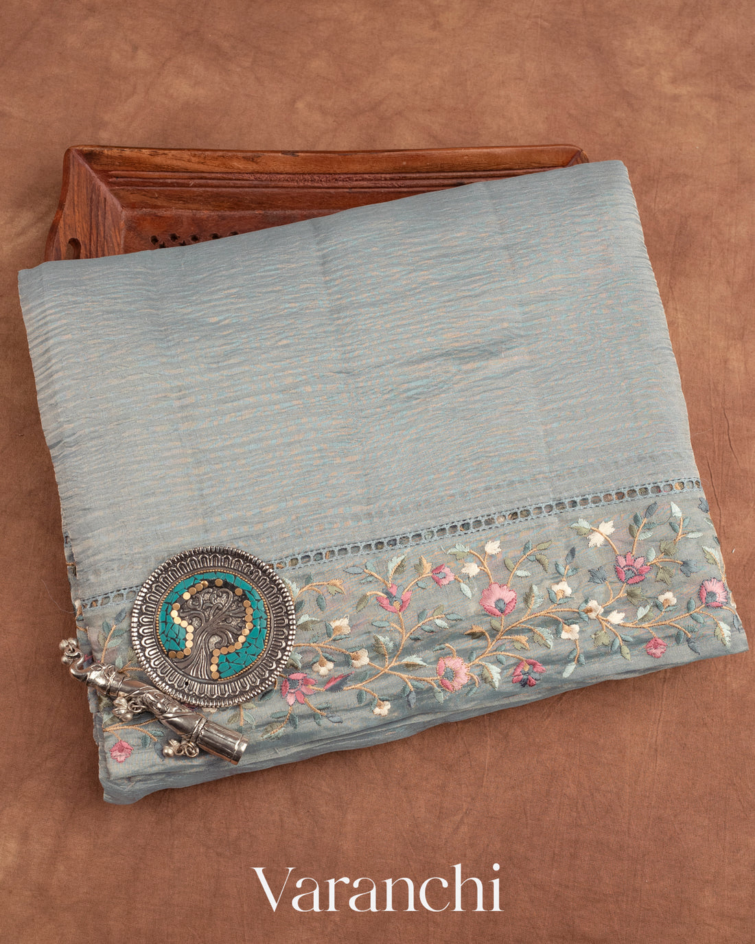 Powder Blue Pure Crush Tissue Kora Silk Saree