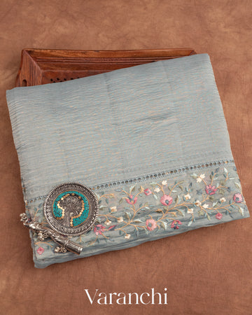 Powder Blue Pure Crush Tissue Kora Silk Saree