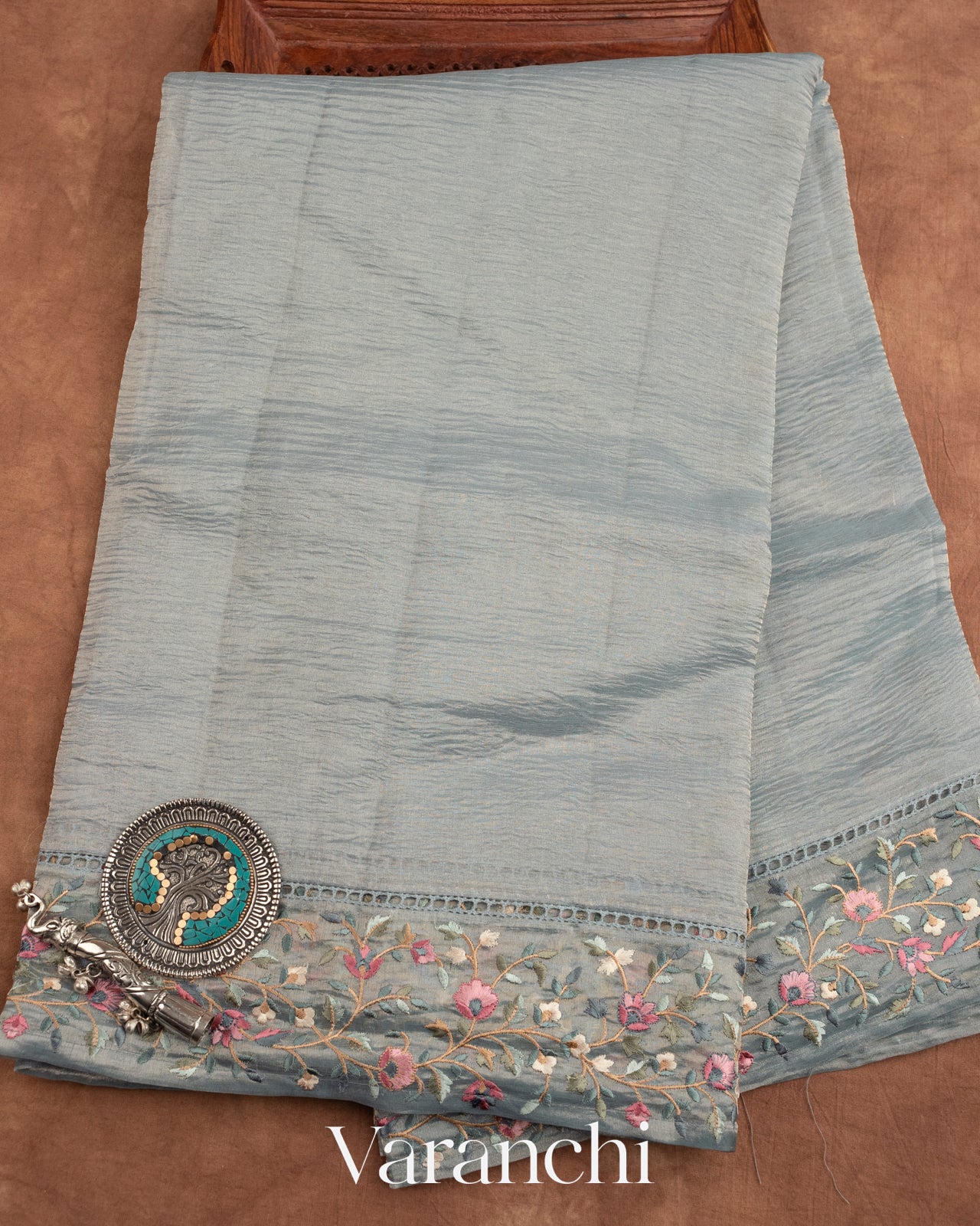 Powder Blue Pure Crush Tissue Kora Silk Saree