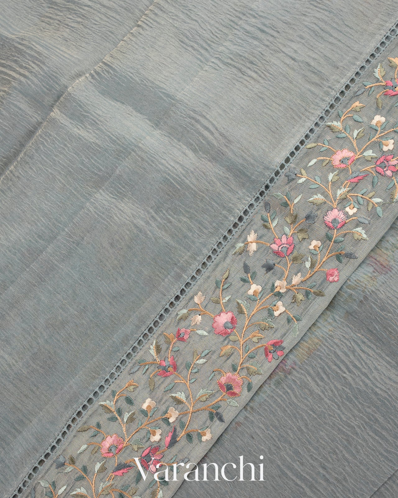 Powder Blue Pure Crush Tissue Kora Silk Saree