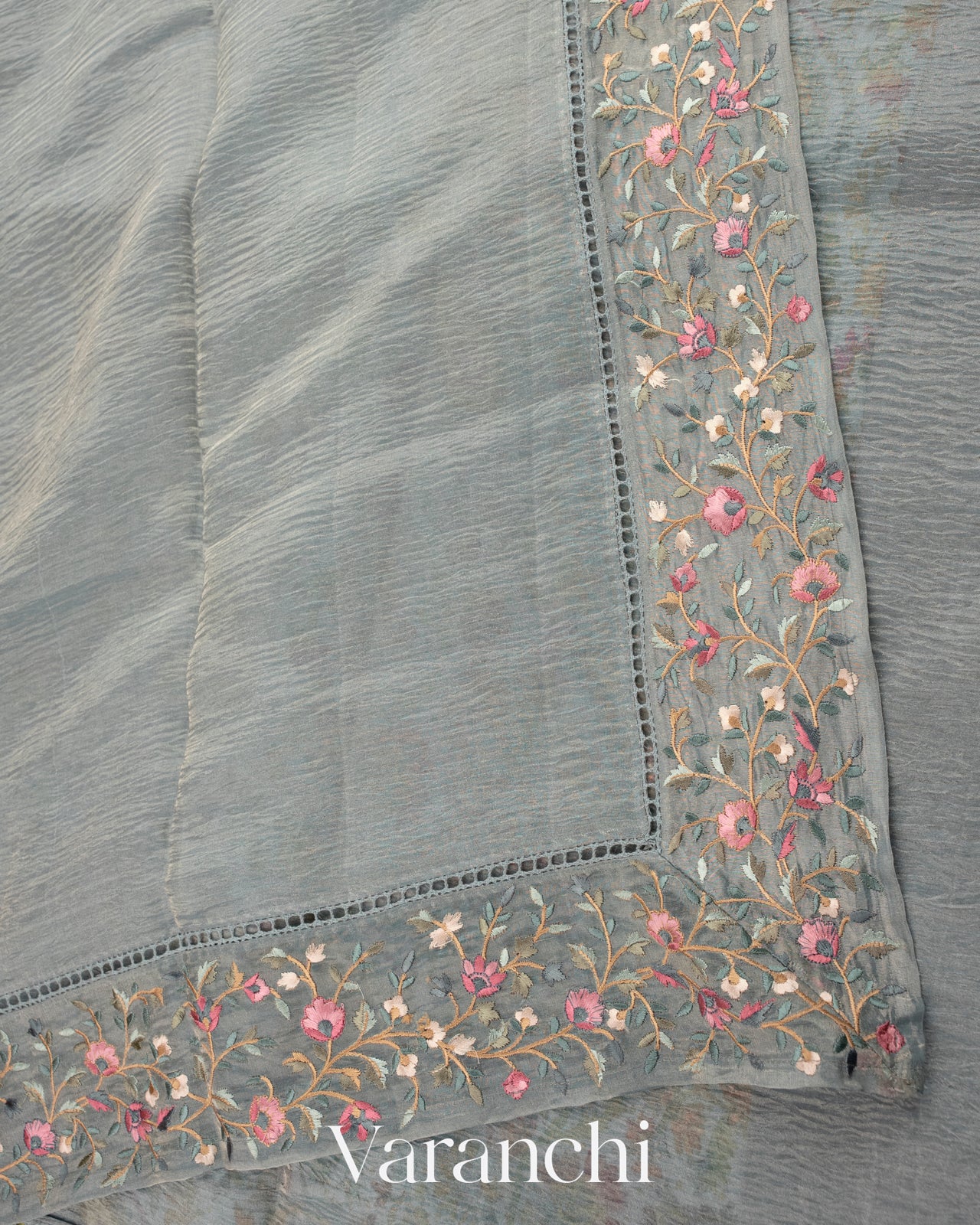 Powder Blue Pure Crush Tissue Kora Silk Saree