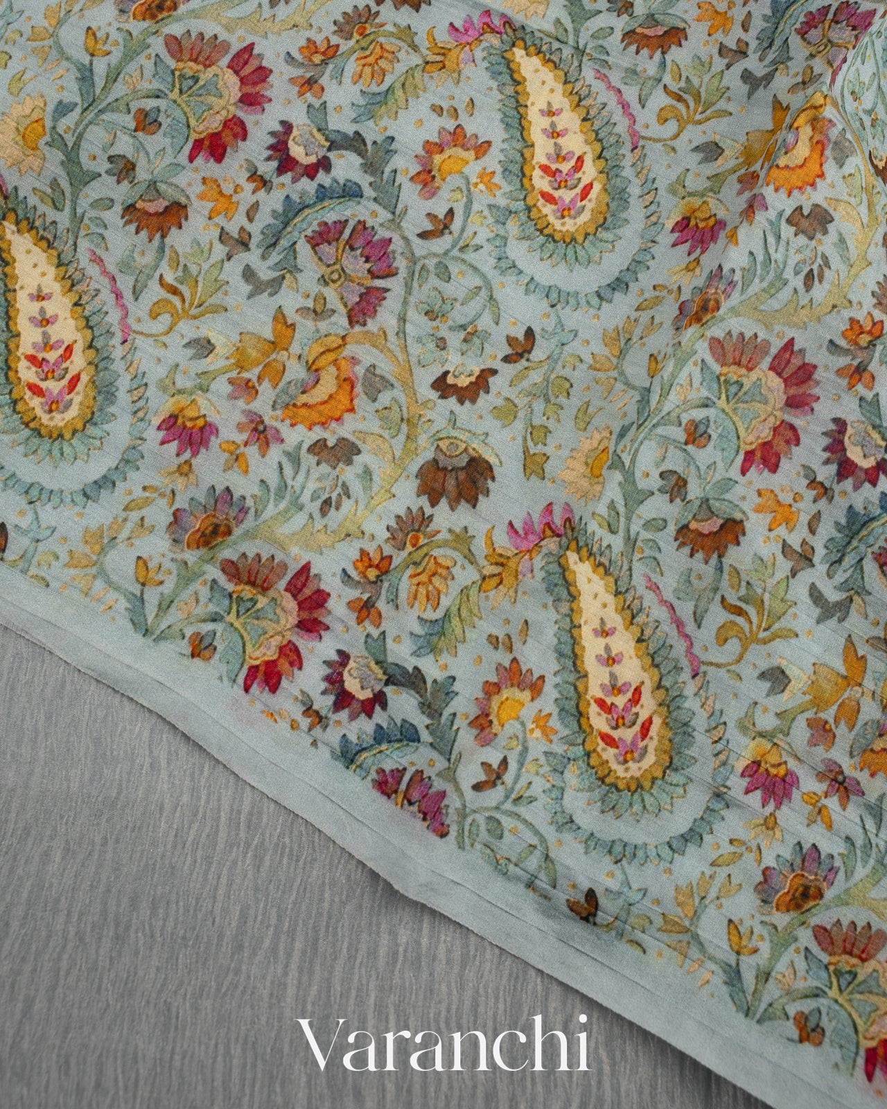 Powder Blue Pure Crush Tissue Kora Silk Saree