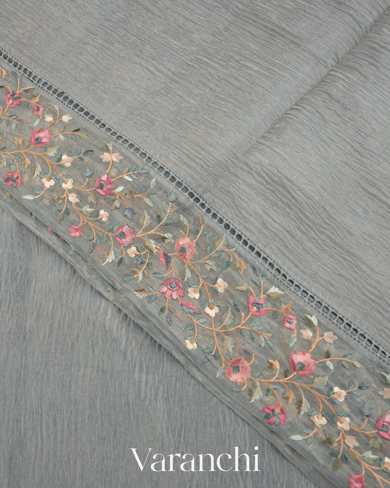 Powder Blue Pure Crush Tissue Kora Silk Saree