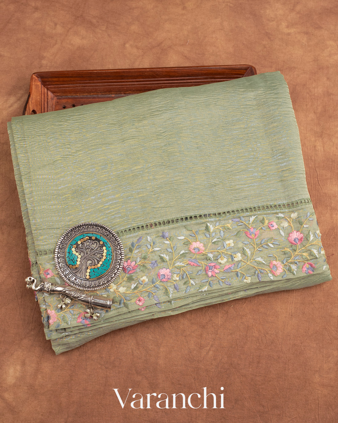 Sage Green Pure Crush Tissue Kora Silk Saree