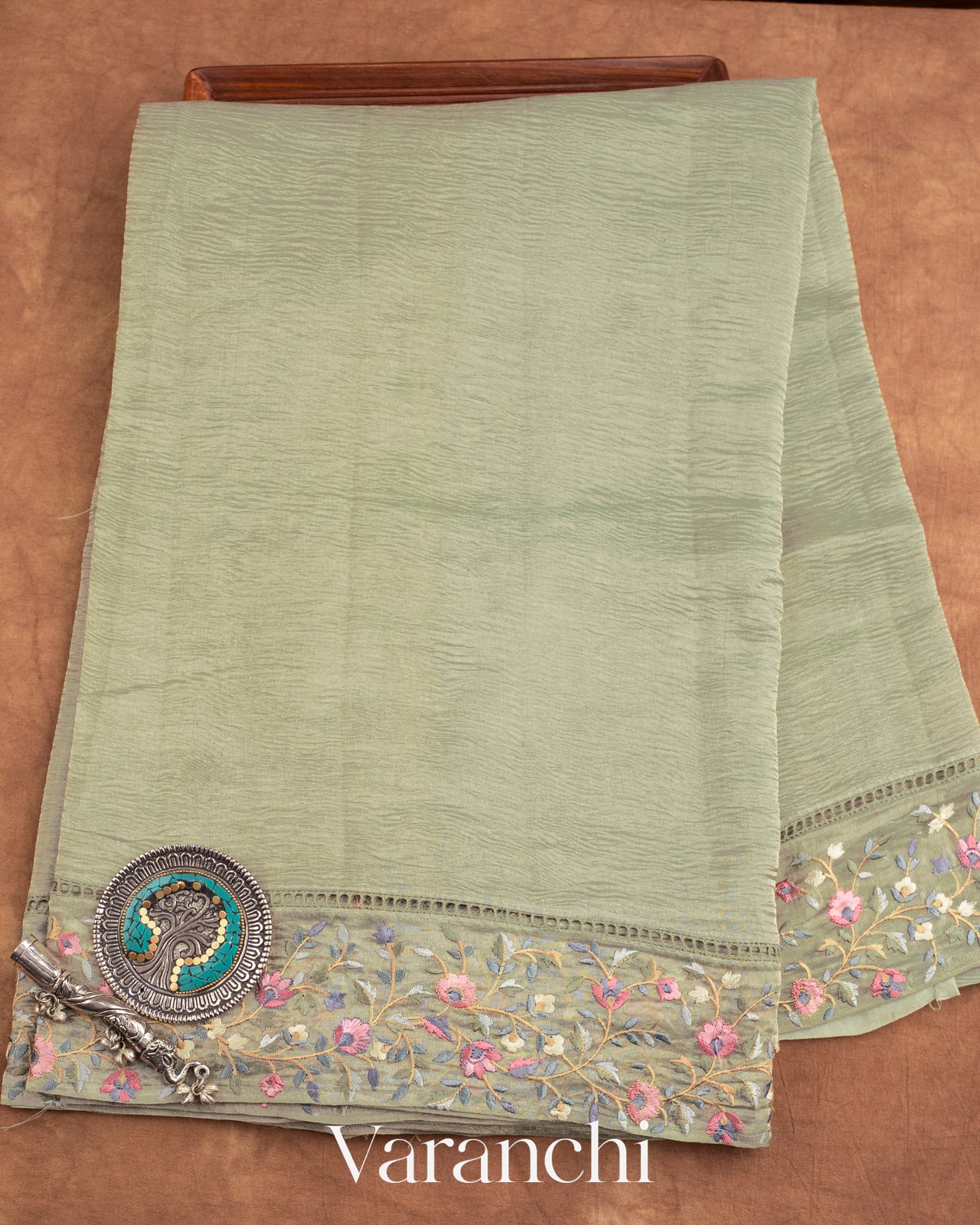 Sage Green Pure Crush Tissue Kora Silk Saree