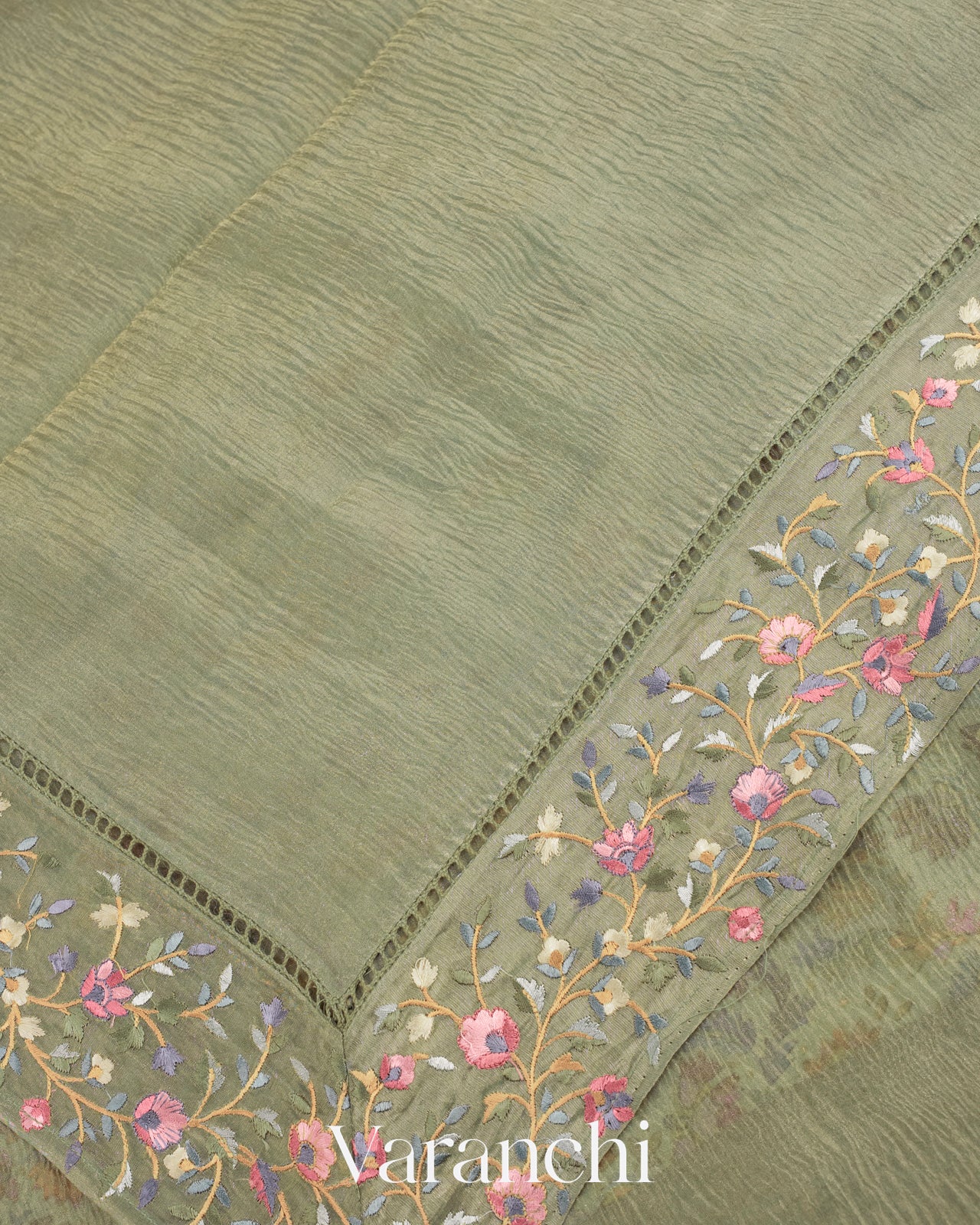 Sage Green Pure Crush Tissue Kora Silk Saree