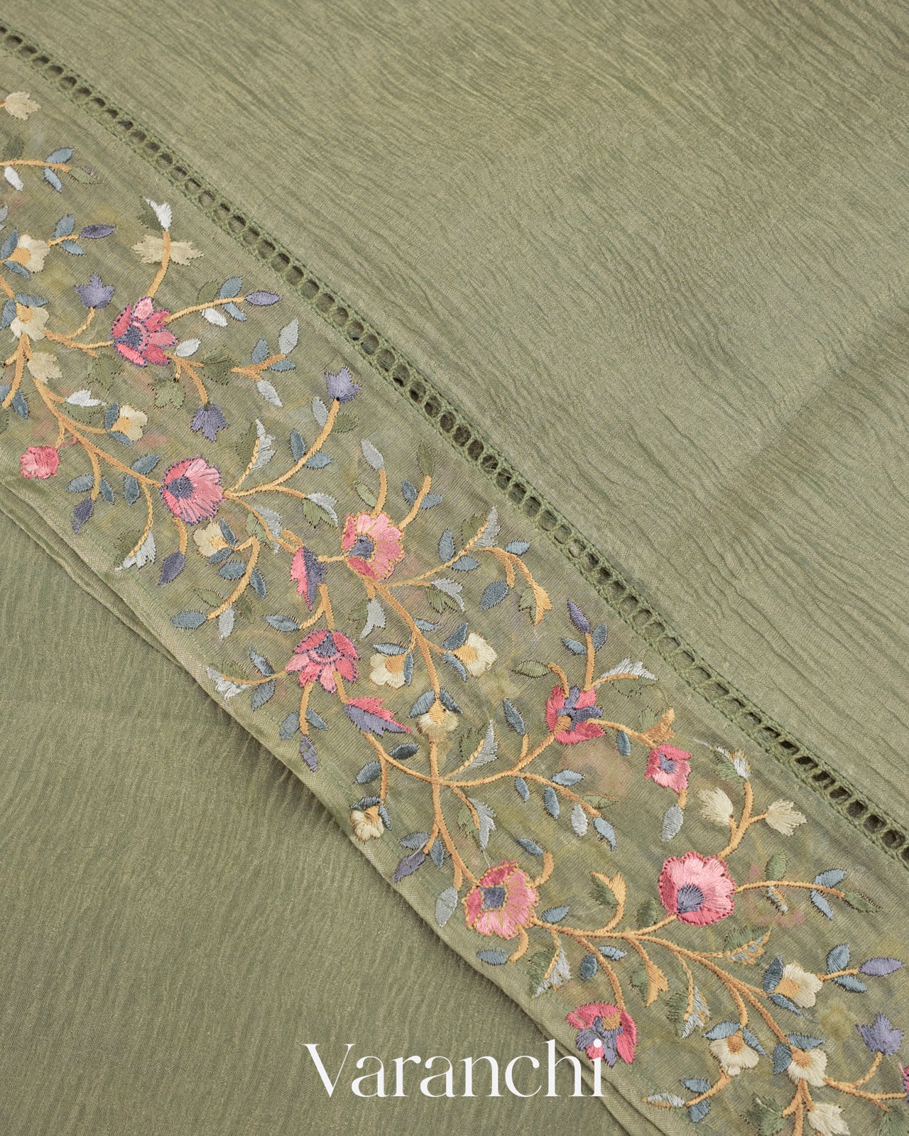 Sage Green Pure Crush Tissue Kora Silk Saree