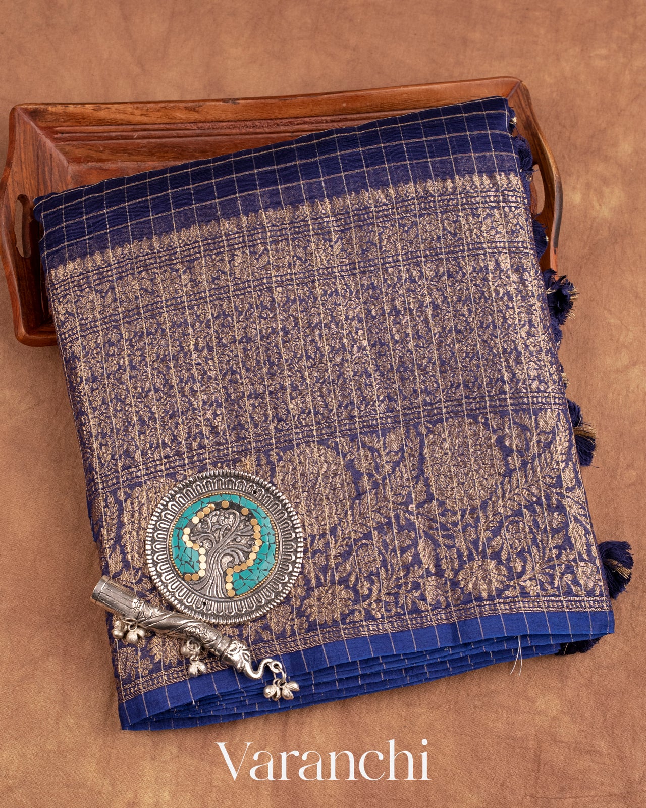 Navy Blue Pure Crush Kora Silk Saree