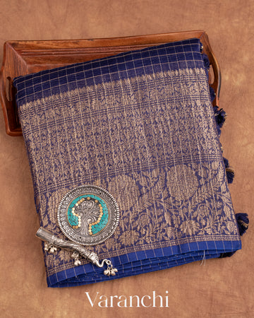 Navy Blue Pure Crush Kora Silk Saree