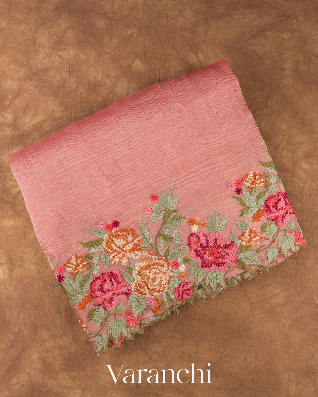  Blush Pink Petit-Point Embroidered Pure Crush Tissue Kora Silk Saree 