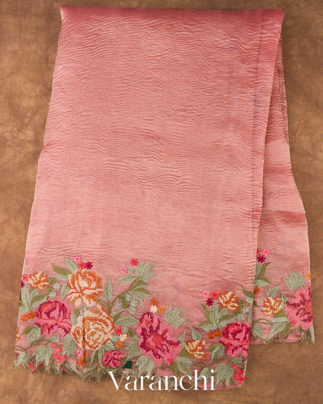  Blush Pink Petit-Point Embroidered Pure Crush Tissue Kora Silk Saree 