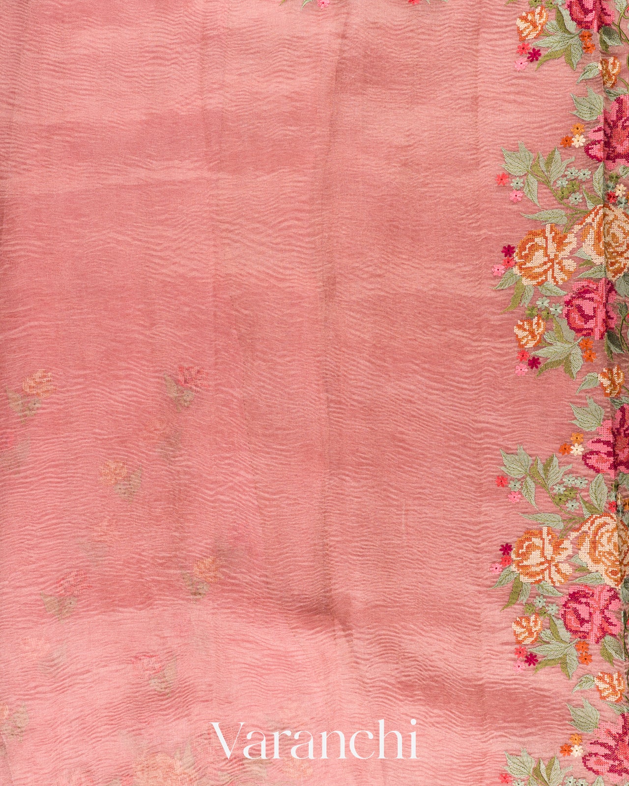  Blush Pink Petit-Point Embroidered Pure Crush Tissue Kora Silk Saree 