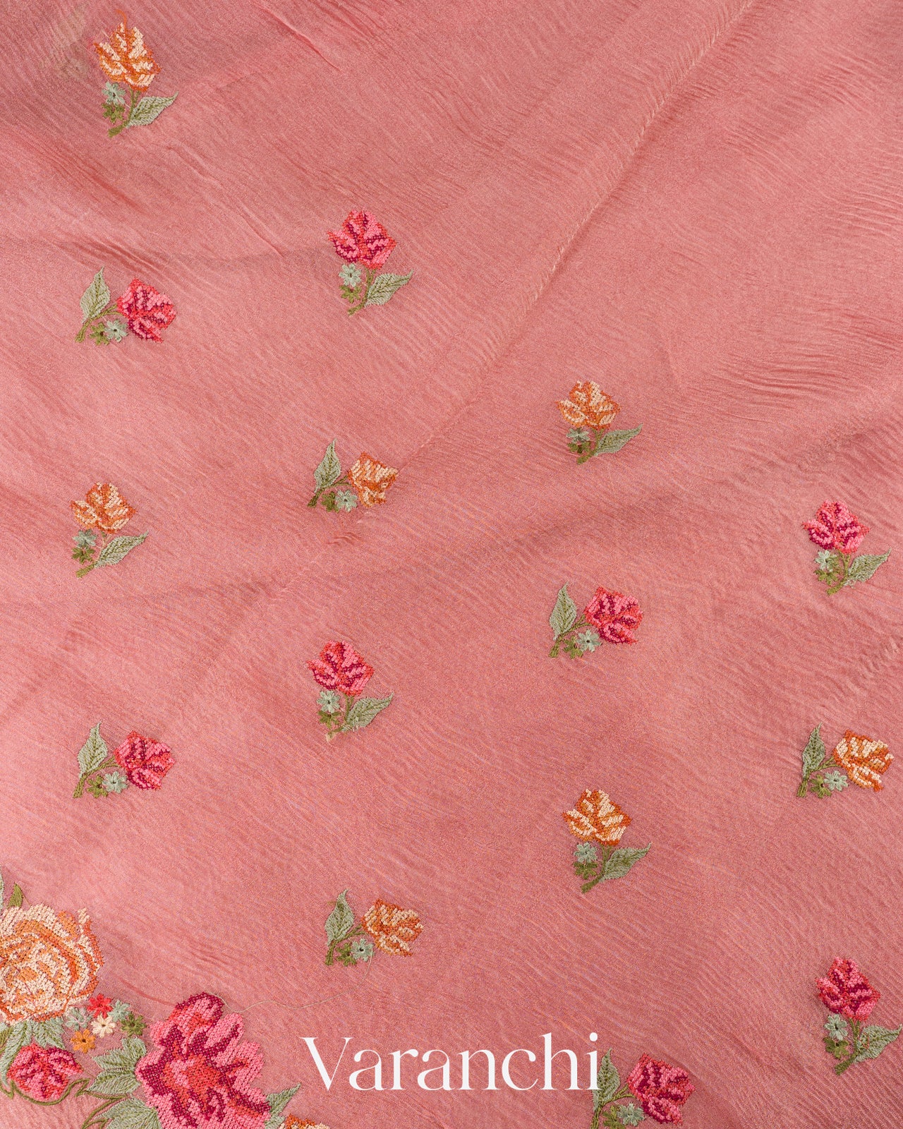  Blush Pink Petit-Point Embroidered Pure Crush Tissue Kora Silk Saree 