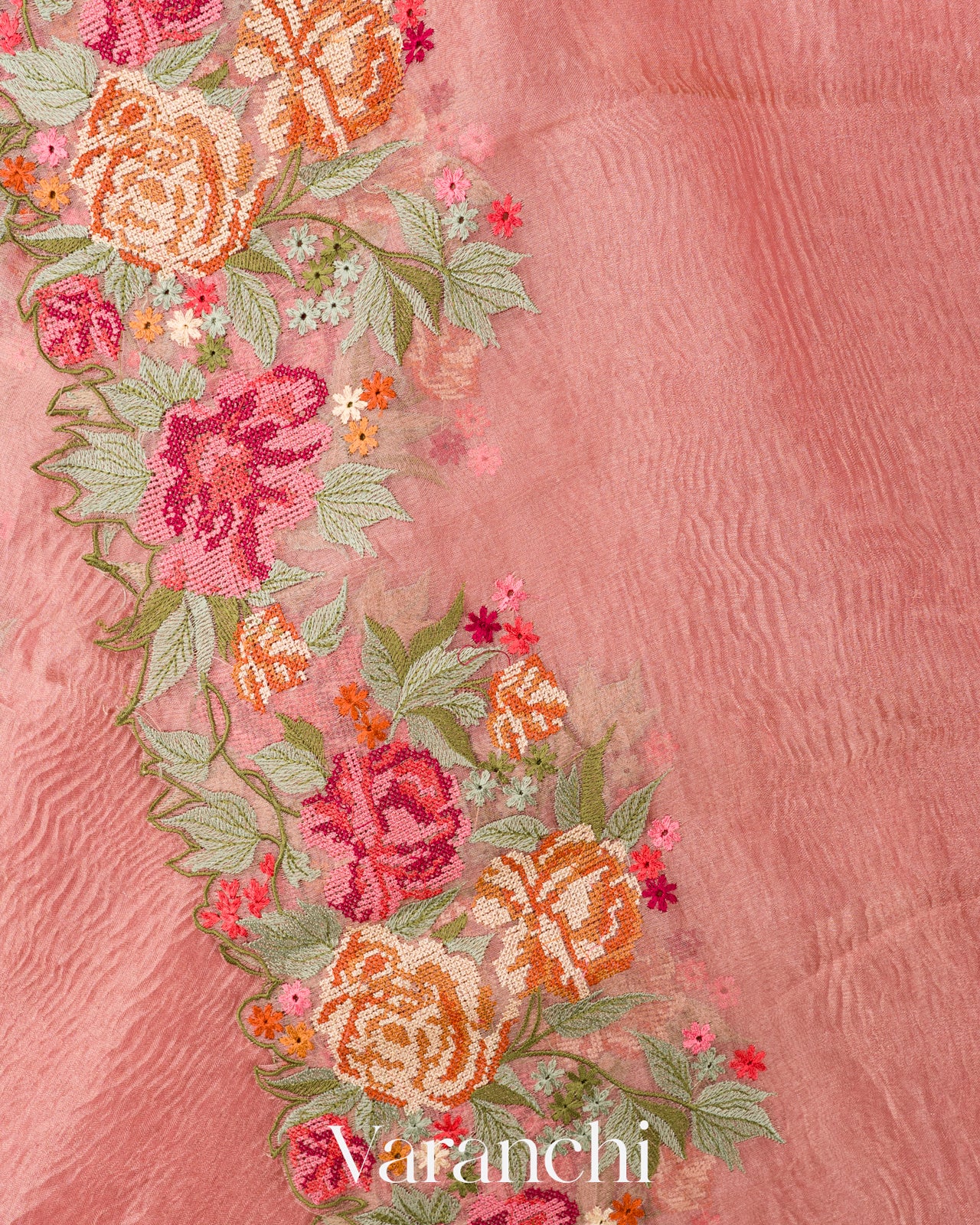  Blush Pink Petit-Point Embroidered Pure Crush Tissue Kora Silk Saree 