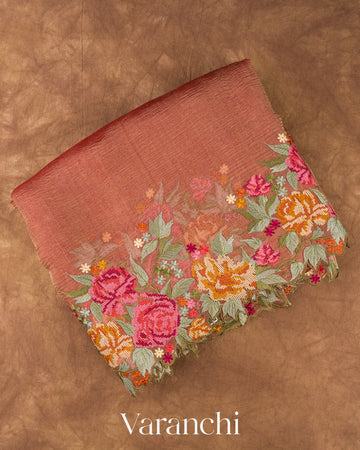 Rust Orange Petit-Point Embroidered Pure Crush Tissue Kora Silk Saree