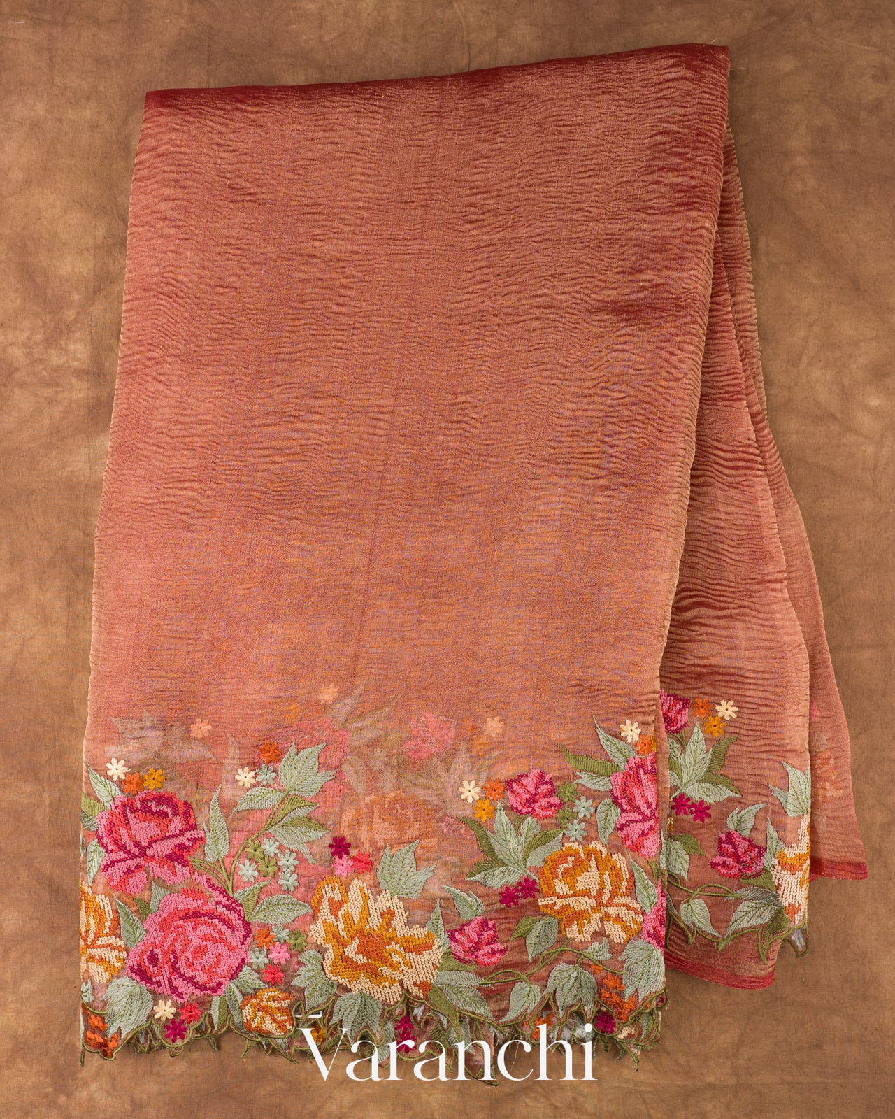 Rust Orange Petit-Point Embroidered Pure Crush Tissue Kora Silk Saree