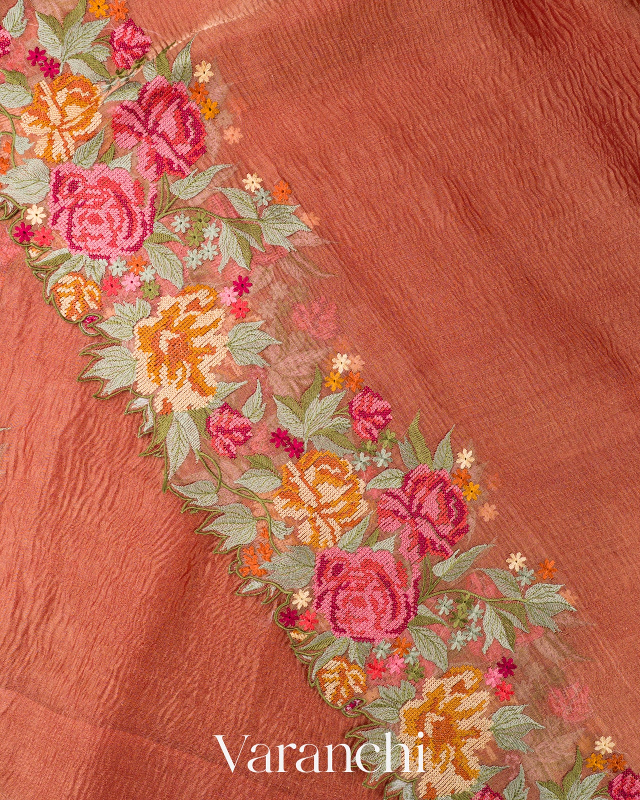 Rust Orange Petit-Point Embroidered Pure Crush Tissue Kora Silk Saree