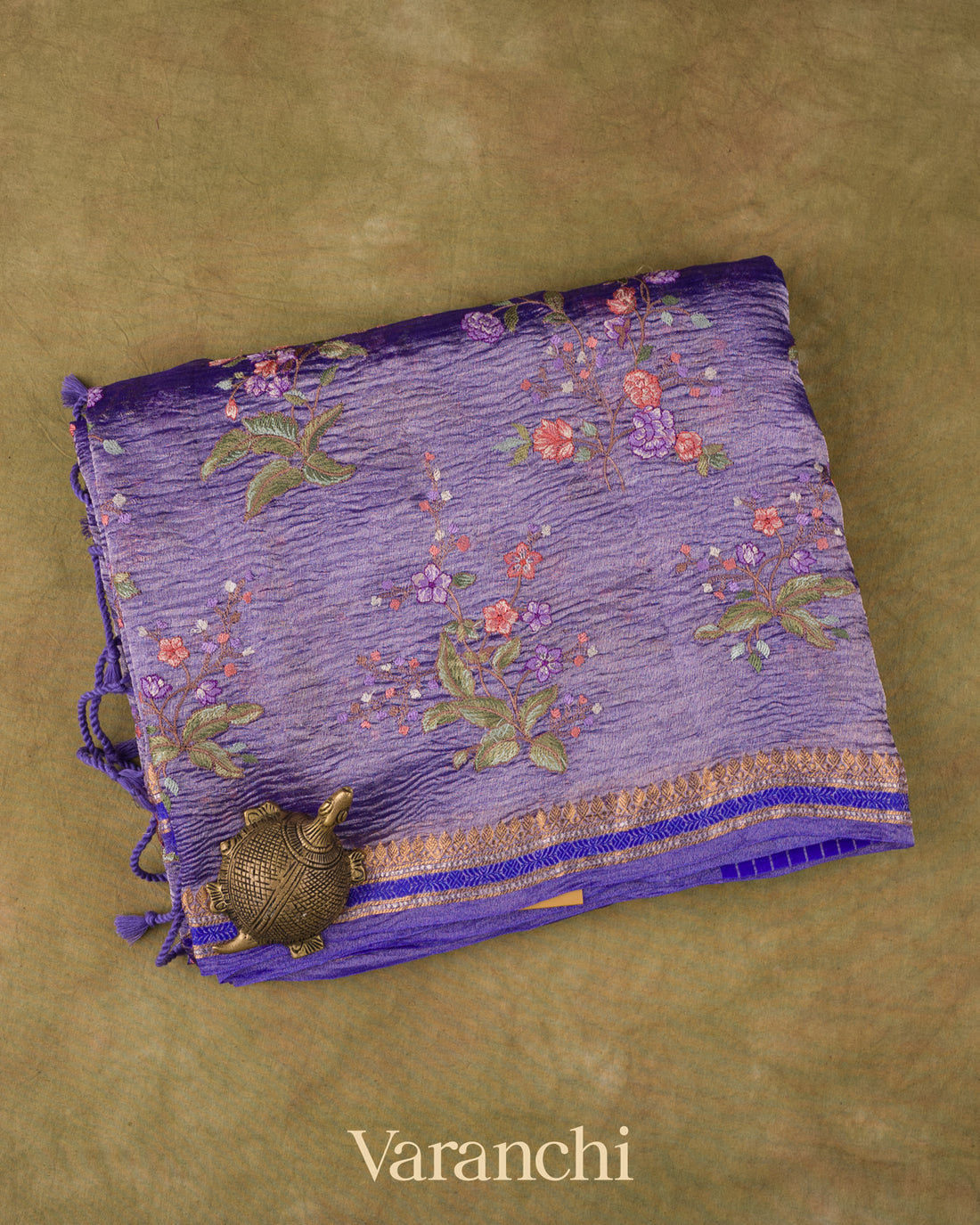 Royal Purple Floral Embroidered Pure Crush Tissue Kora Silk Saree