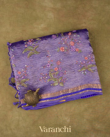 Royal Purple Floral Embroidered Pure Crush Tissue Kora Silk Saree