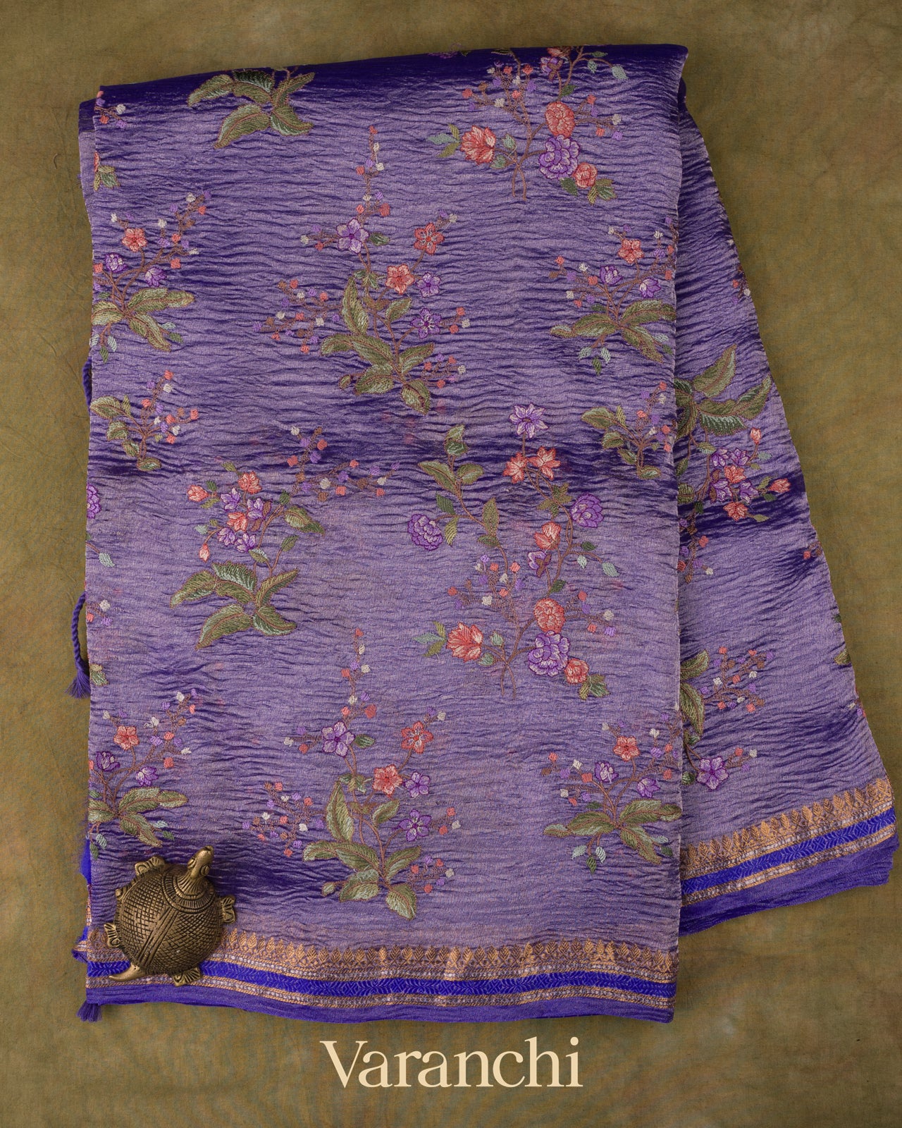 Royal Purple Floral Embroidered Pure Crush Tissue Kora Silk Saree