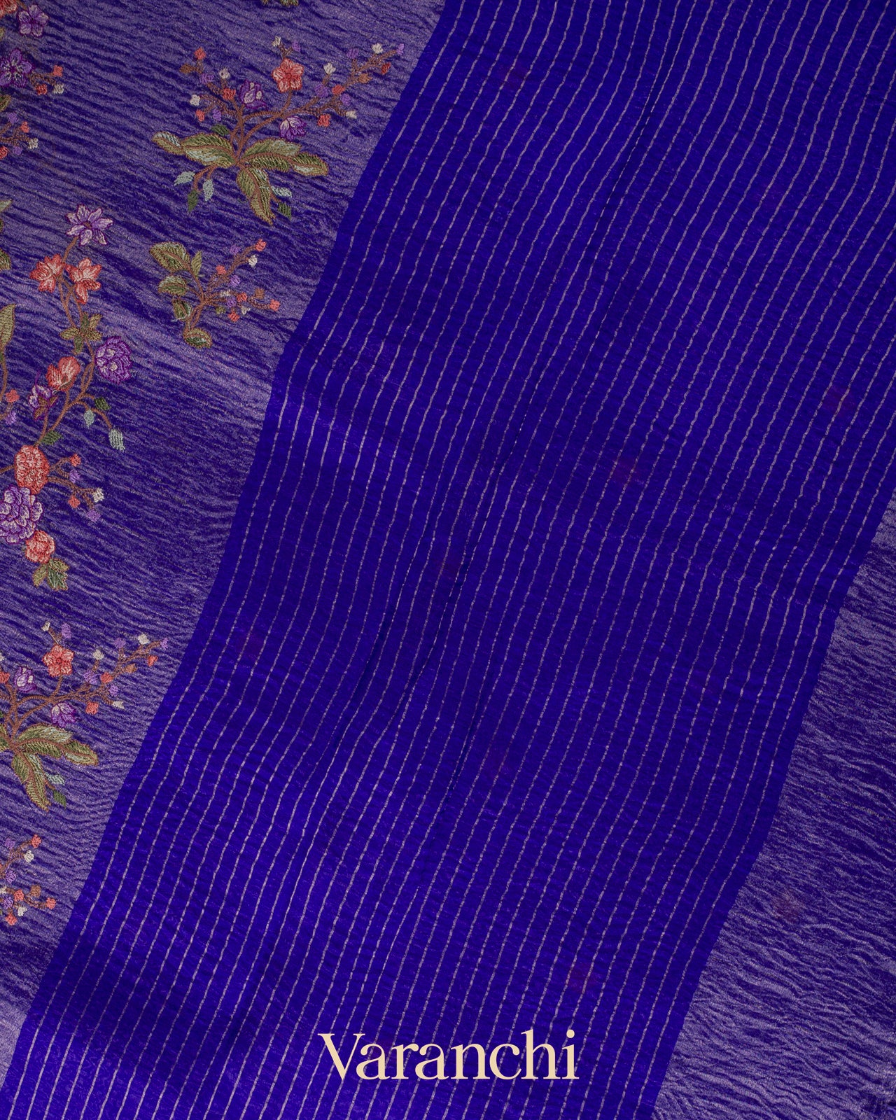 Royal Purple Floral Embroidered Pure Crush Tissue Kora Silk Saree