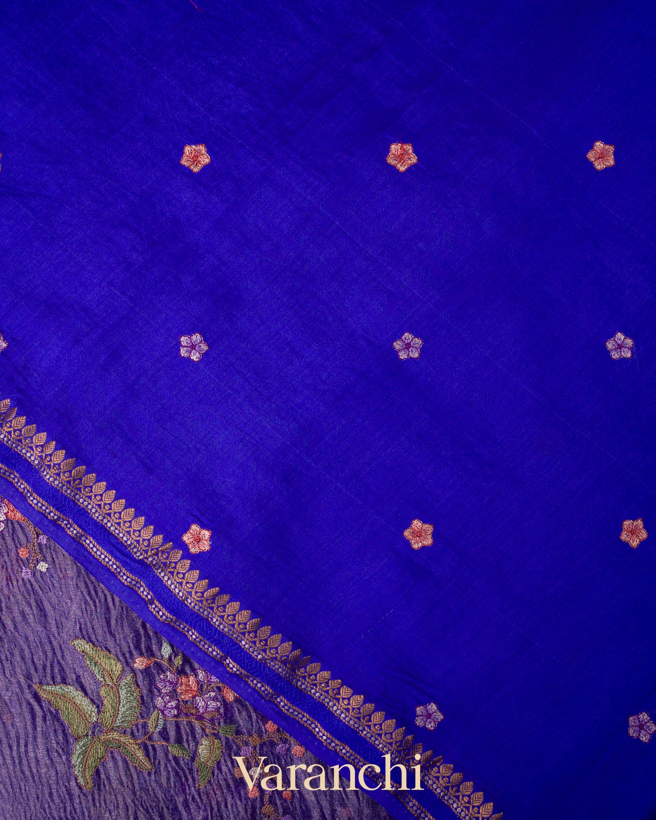 Royal Purple Floral Embroidered Pure Crush Tissue Kora Silk Saree