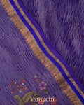 Royal Purple Floral Embroidered Pure Crush Tissue Kora Silk Saree
